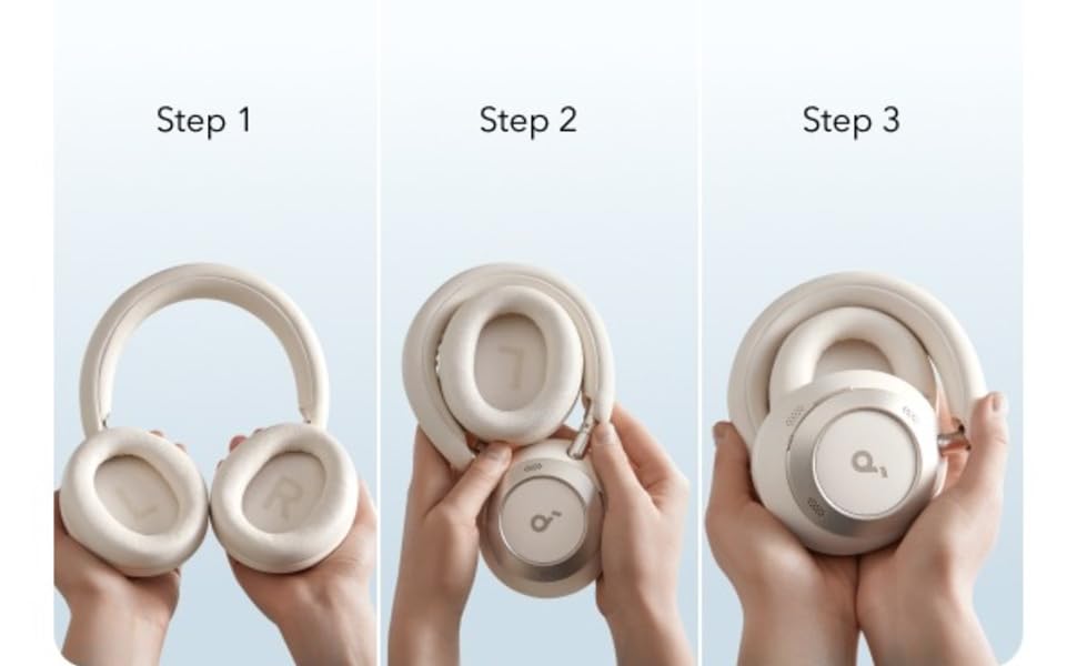 Three-step instructional image showing hands demonstrating assembly sequence with circular white components.