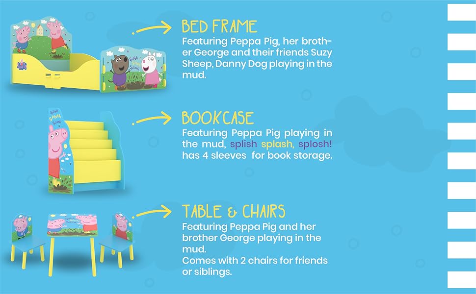 an image of Peppa Pig bed frame, bookcase, table and chairs
