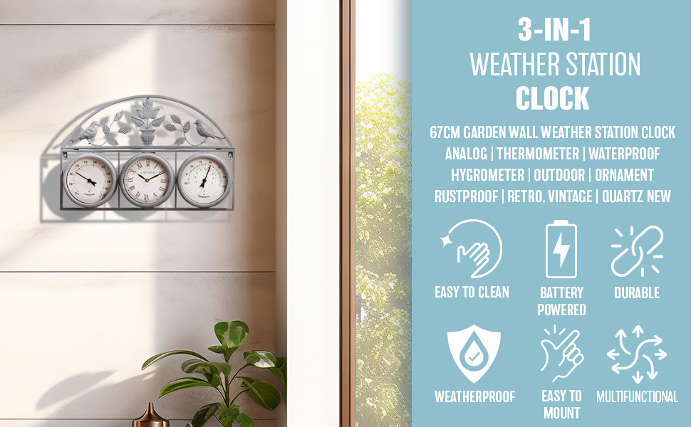 67cm Garden Wall Clock 3 in 1 Weather Station Humidity Thermometer, Waterproof Hygrometer