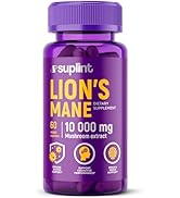 Purple supplement bottle labeled 'Lion's Mane' by Suplint, showing 10,000mg strength with gold text and circular icons on label.