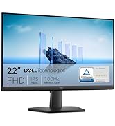 El texto dice «22 pulgadas DELL Technologies FHD IPS 100 Hz». Varias vistas de un monitor de ordenador de gran formato que muestran el diseño del bisel y la configuración del soporte.