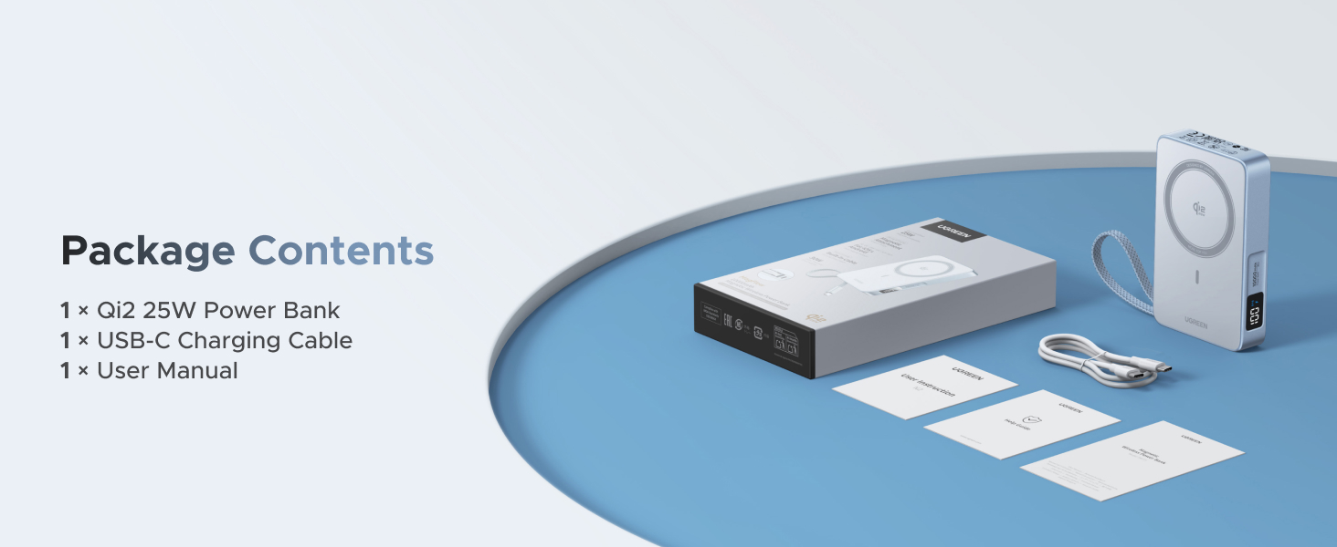 Text reads 'Package Contents'. Product layout showing USB stick, user manual, and device components arranged on light blue curved surface.