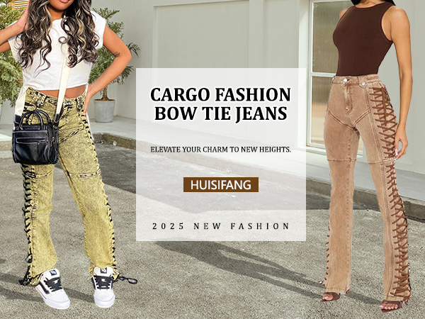 Women Straight Leg Jeans Casual Y2k High Waisted Lace UP