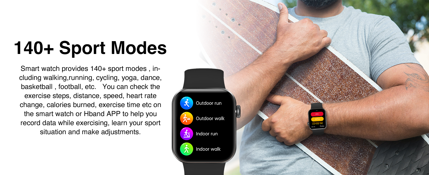 Text reads '140+ Sport Modes'. Smartwatch interface showing fitness tracking features with multiple sport mode icons and metrics displayed on screen.