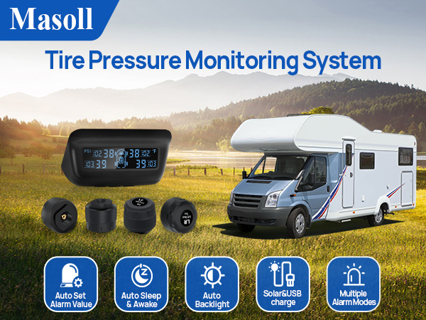 Masoll RV TPMS with auto set pressure alarm value ,auto sleep mode, solar charging fuction