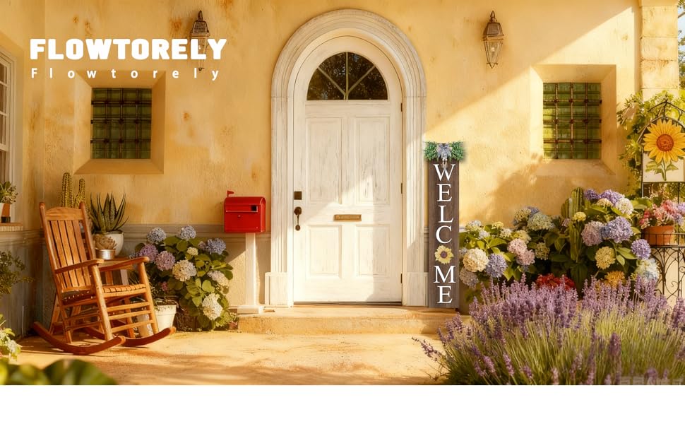 A sunlit porch with a &#34;WELCOME&#34; sign, white door, rocking chair, and colorful flowers.