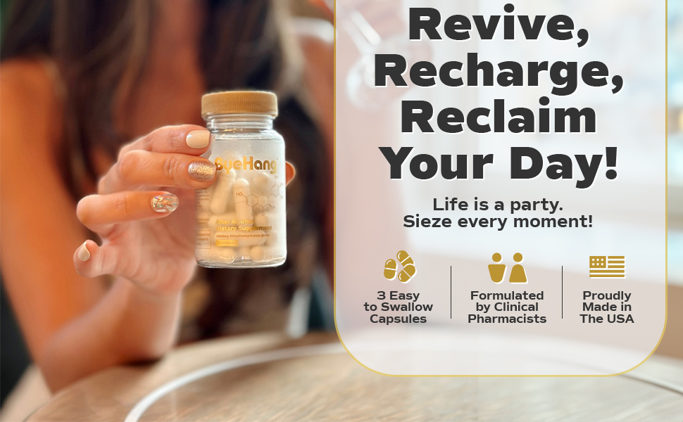 Revive, recharge, reclaim your day. 3 capsules. formulated by clinical Pharmacists. Made in USA