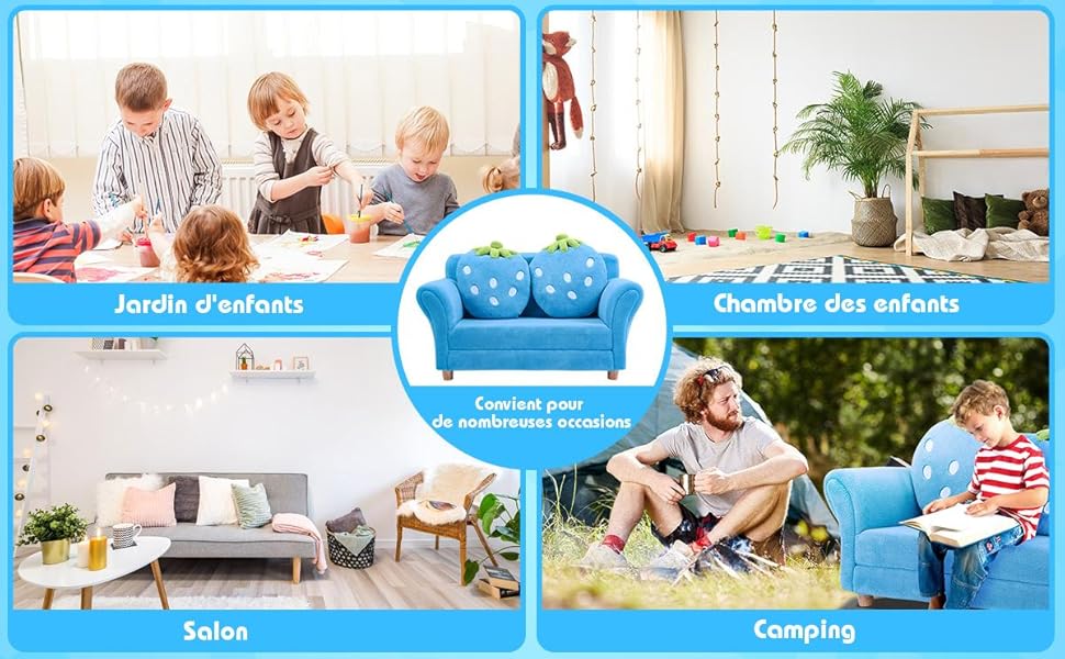 RELAX4LIFE Canapé Enfant 2 Places Avec Rembourrage En Éponge, Surface Peluche De Corail, Fauteuil Sofa Avec 2 Oreillers En Forme De Fraise Pour 3-7 Ans, 90X53X48 CM, Rose/Bleu (Bleu) 16 occasion