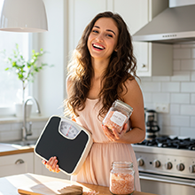 Happy woman with scales and pink salt in kitchen
