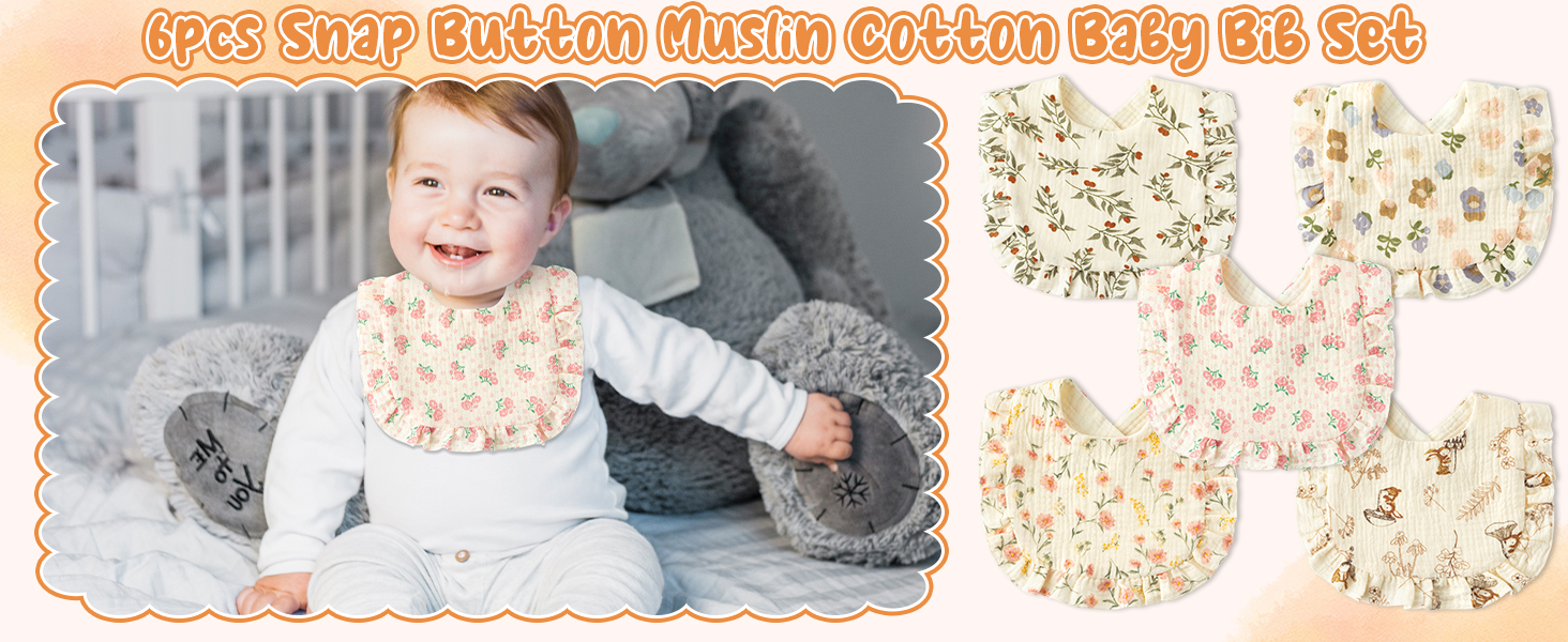 5Pcs Snap Muslin Cotton Baby Drooling Bibs Bib with Flounce Lace Absorbent Layers Soft Burp Cloths