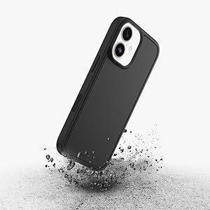 Sequence showing black smartphone case dropping into water or liquid, demonstrating water resistance through splash and droplet effects.