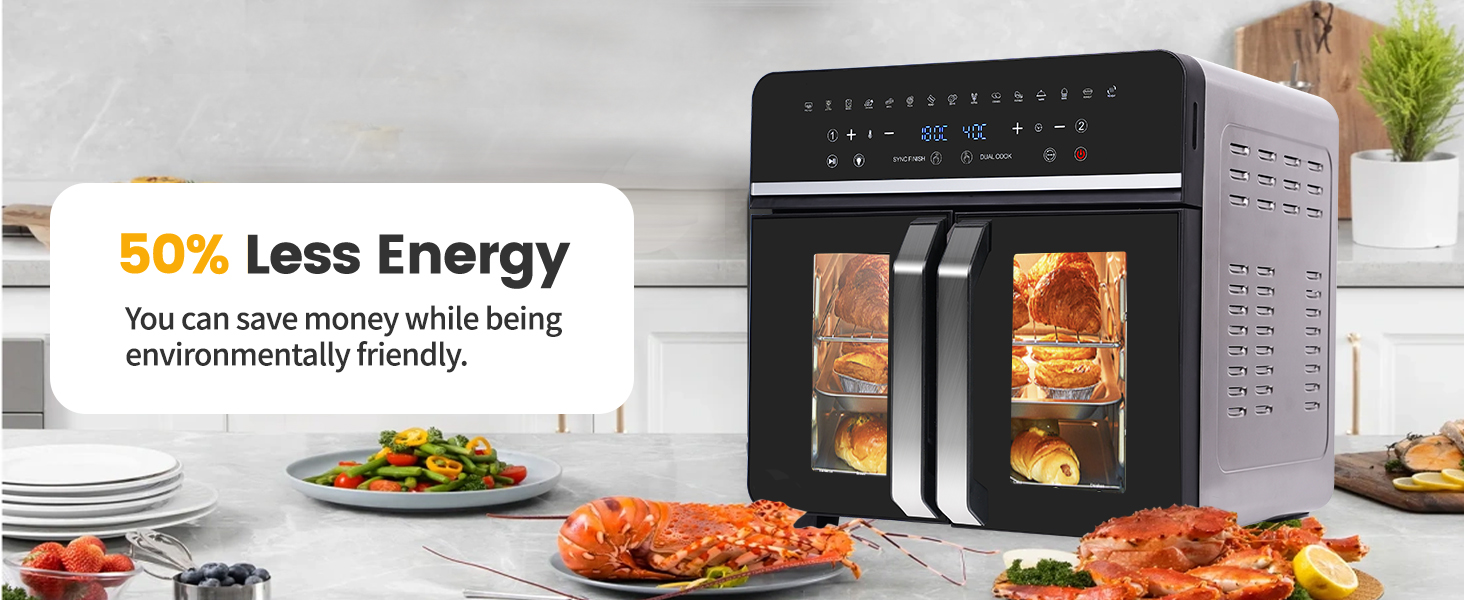 Large digital air fryer with dual viewing windows showing food cooking inside. Marketing text promotes 50% less energy usage and environmental friendliness.