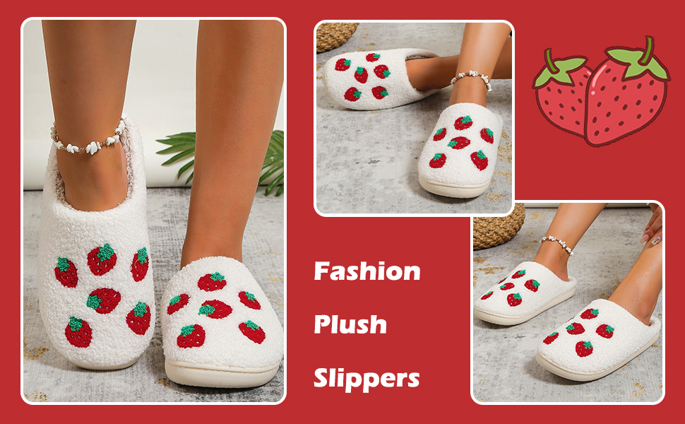 Plush strawberry-themed slippers showcased in multiple views. Ankle bracelet visible. Text reads 'Fashion Plush Slippers'. Red background with product images.