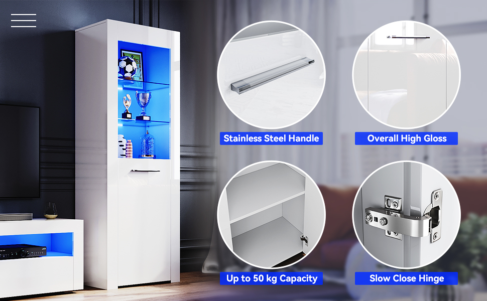 ELEGANT White Gloss Sideboards Cupboard Tall Display Unit with