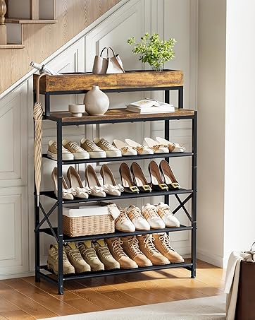 Shoe Rack, 6 Tier Shoe Storage Organizer with Compartment, 4 Oxford Fabric Shelves and Top Panel