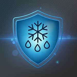 Ícono de un escudo azul con símbolos de copos de nieve y gotas de agua, que brilla con efecto neón sobre un fondo oscuro. El icono sugiere la función de protección contra el frío o la congelación.