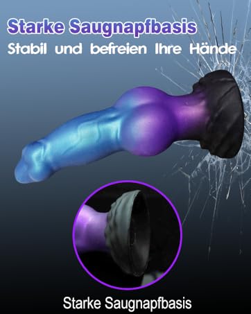 Text reads 'Starke Saugnapfbasis' and 'Stabil und befreien ihre Hände'. Multiple views of a purple and blue suction cup mounting device against dark background.