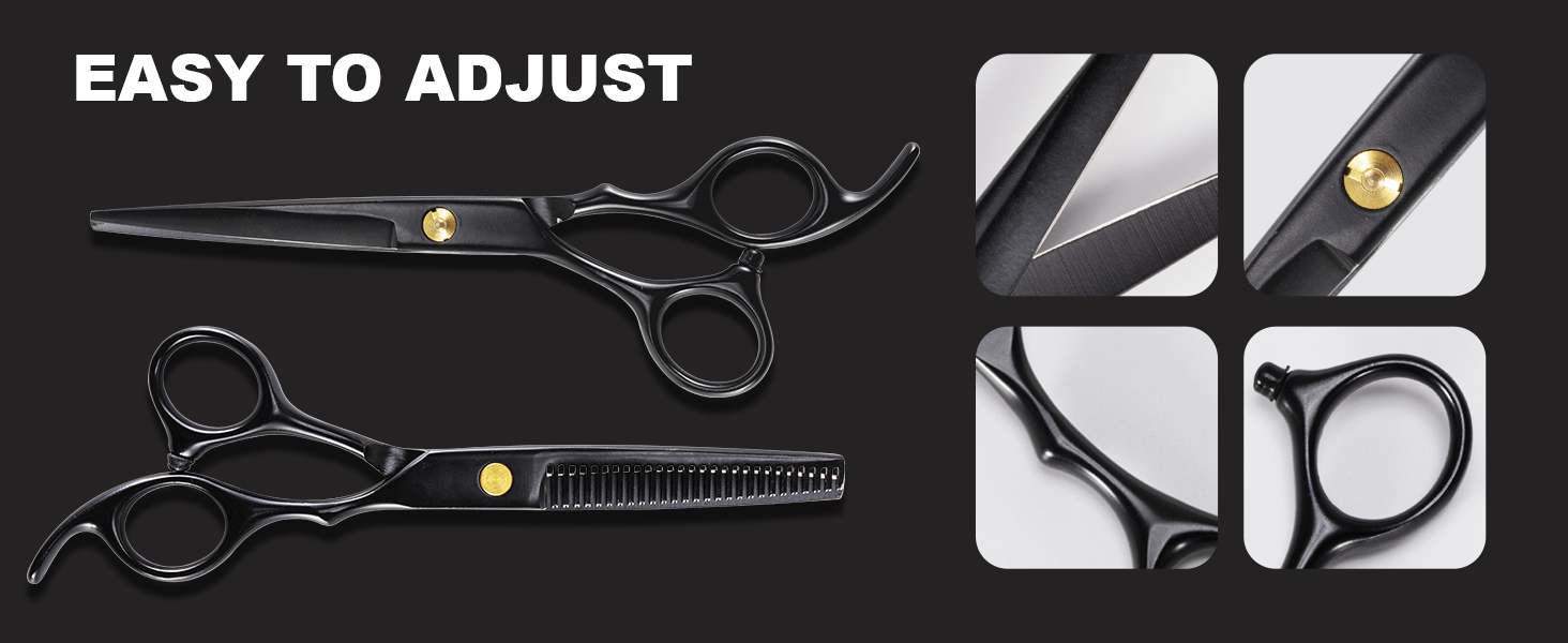 Deux ciseaux de coupe de cheveux noirs avec détails dorés. L'image principale montre des ciseaux complets, tandis que quatre panneaux plus petits mettent en évidence la vis réglable, le bord de la lame, le repose-doigts et le design du manche.