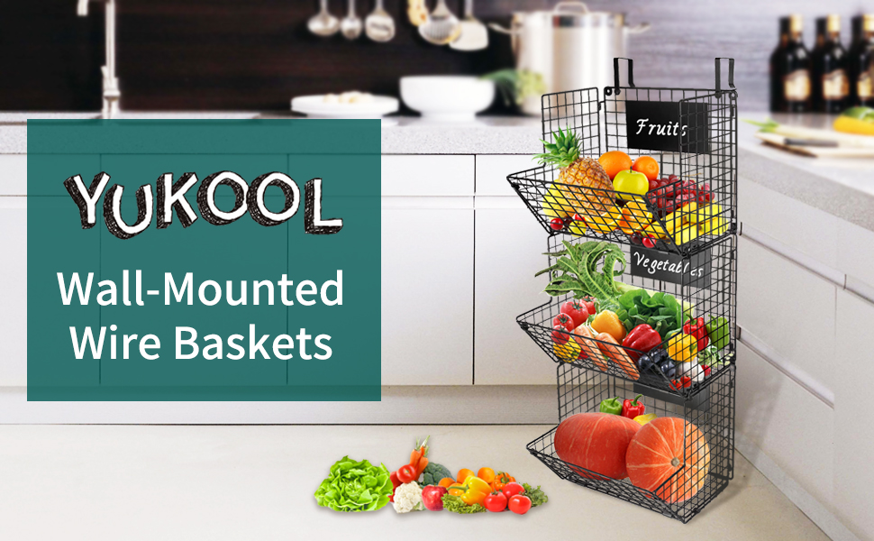 YUKOOL 3Tier Metal WallMounted Wire Baskets with Hanging