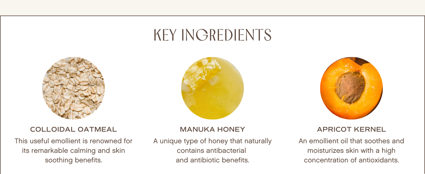 Key Ingredients: Colloidal Oatmeal, Manuka Honey, and Apricot Kernel.