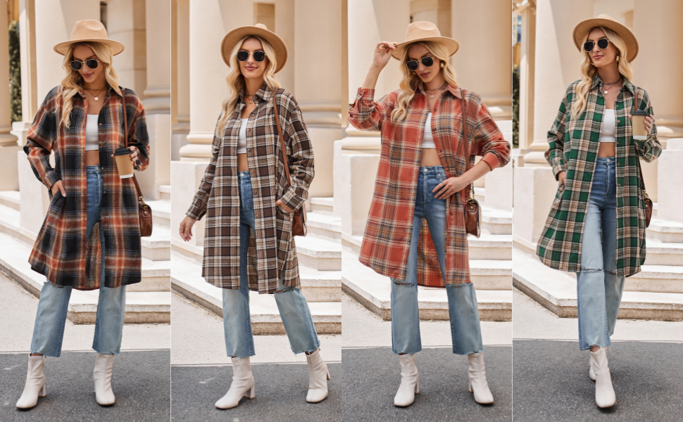 AMOMA Damen Freizeit Langarm Knopfhemd Übergroße Lange Karierte Hemd Bluse Shacket mit Taschen