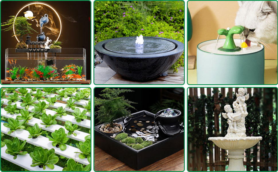 Collage aus sechs Gartenwasserspielen: beleuchteter Flaschenbrunnen, runder Steinbrunnen, zylindrischer Beistelltischbrunnen, hydroponisches Pflanzensystem, quadratischer Zen-Brunnen und klassischer Statuenbrunnen.
