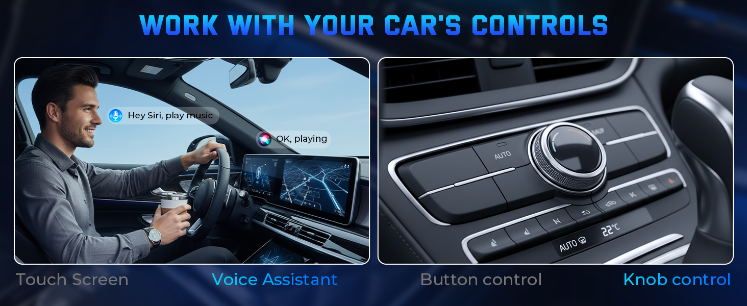 Text reads 'WORK WITH YOUR CAR'S CONTROLS'. Series of automotive interface displays showing various control panels and dashboard screens.