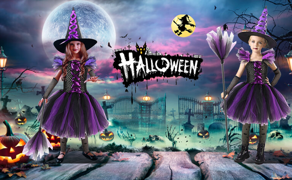 Yoawllty Hallo ween Witch Costume for Girls with Hat & Broom, Fancy Party Dress Up Outfit, Fairytale Witch Costume Cute Witch Costume Set Purple 21 Hallo ween Witch Costume