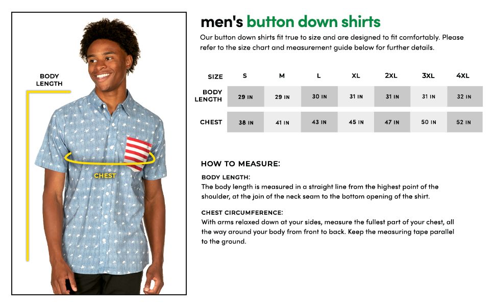 YR Mens Patriotic Button Down Sizing Guide