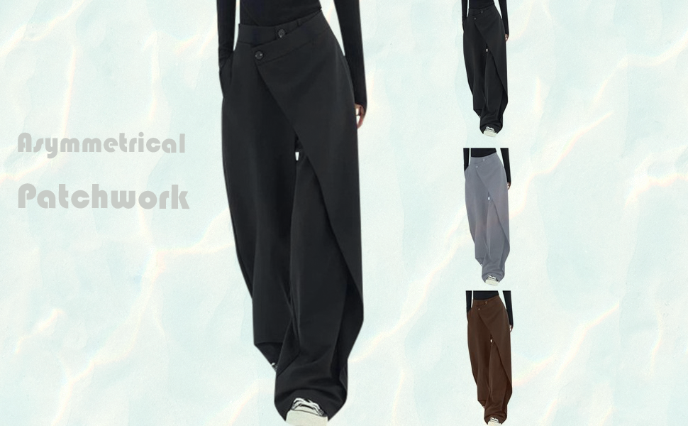 パンツ Asymmetrical waist wide straight slacks Trousers Pants for Women Asymmetrical Patchwork Design Solid
