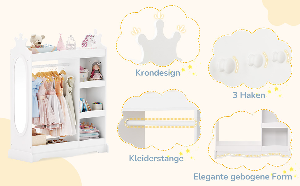 Text reads 'Profidesign' and '3 Haken Kleiderstange' and 'Elegante gebogene Form'. Closet organization system shown with hanging rails and storage components.