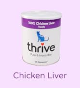 Thrive brand cylindrical white and purple cat treat container featuring 100% chicken liver treats, with blue cat logo and 'Pure & Irresistible' tagline.