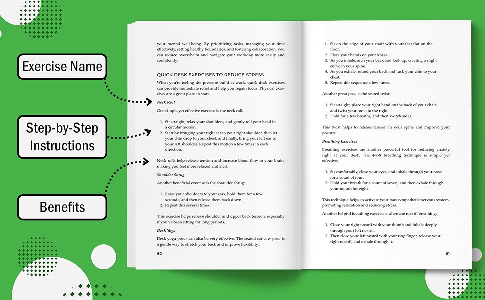 Image of open book with exercise name, step-by-step instructions, and benefits of the exercise.