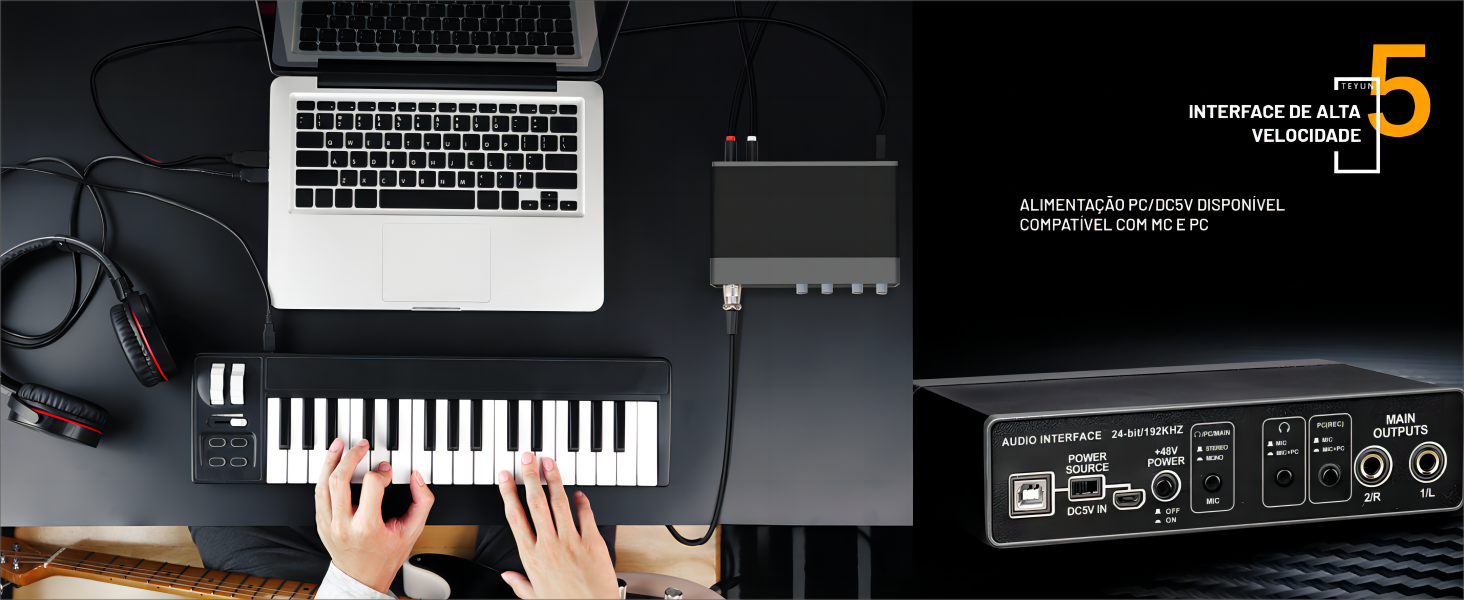 Interface de audio,placa de som profissional de canal USB 2.0 DC 5V de