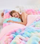 Lotus Karen Fluffy Comforter Set Cover Set-Rabbit Fluff Faux Fur Duvet Cover Full Size,Rainbow Pl...