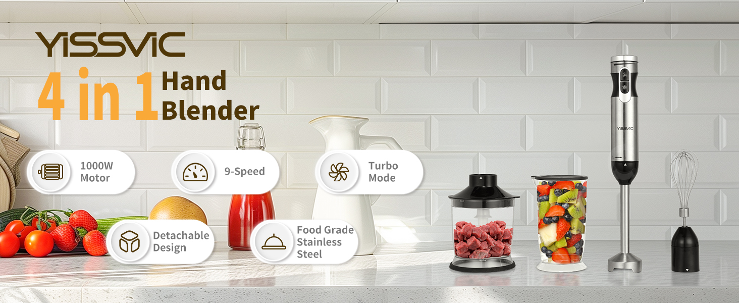 YISSVIC Hand Blender 1000W 4in1 9Speed Immersion Hand Blender