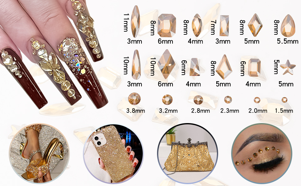 Champagne Gold Crystal Nail Rhinestones Round Flatback Rhinestones Multi Shape Nail Gemstones