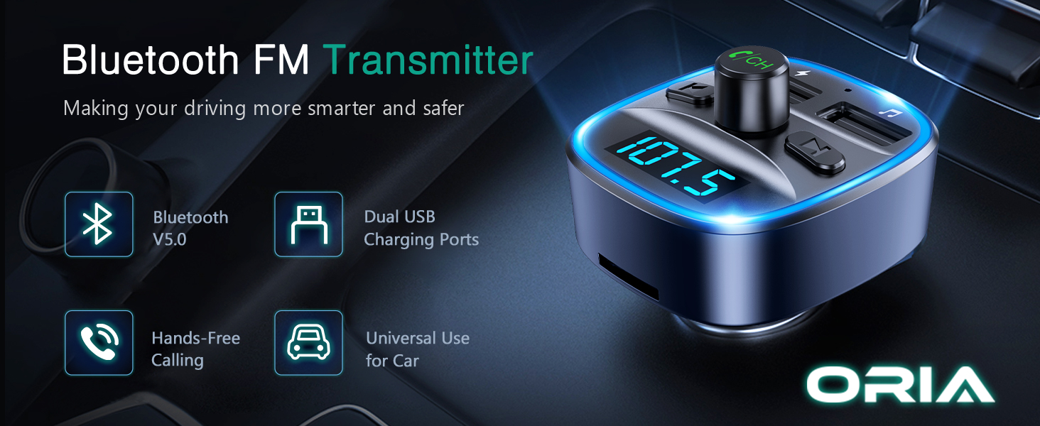 ORIA Bluetooth FM Transmitter for Car, Wireless inCar Radio Adapter