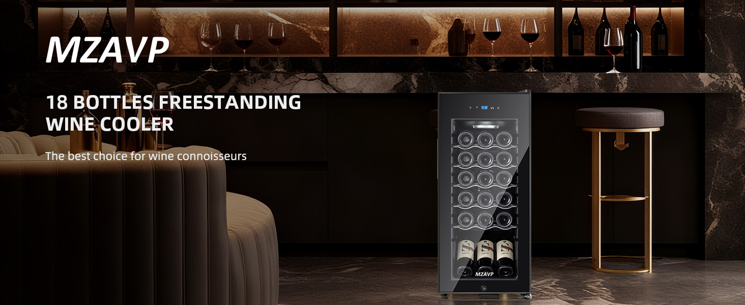 Mini Wine Fridge-Black, 18 Bottles Low Noise Compressor Wine Cooler, Freestanding Wine Cellar with Glass Door and Digital Temperature Control, 14 Inch Wine Refrigerator for Bar, Home & Office 16 1464*600