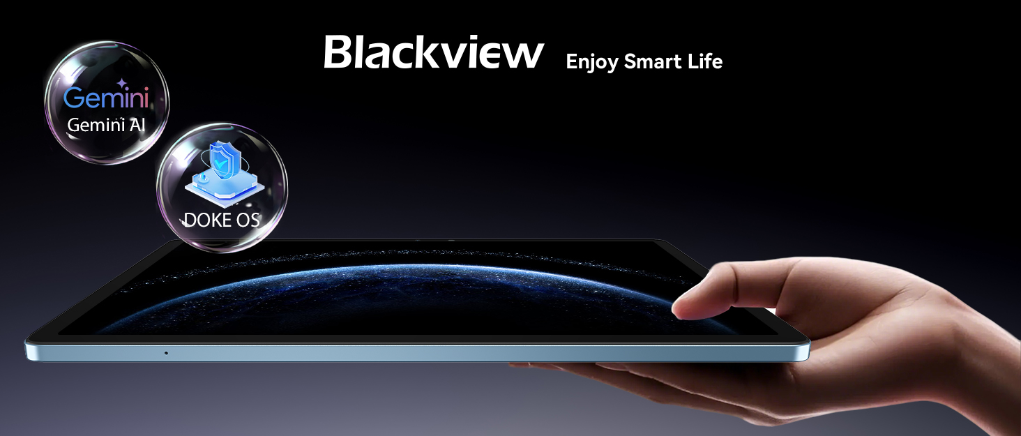 Slim tablet or smartphone held horizontally, showing curved edge with blue glow. Circular icons for 'Gemini 1' and 'Doke OS' float above. Blackview logo visible.
