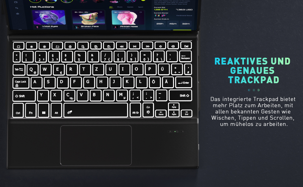 صفحه کلید لپ تاپ نورانی با متن آلمانی که یک ترک پد واکنش پذیر و دقیق را توصیف می کند. طرح بندی صفحه کلید با کلیدهای درخشان قابل مشاهده است.