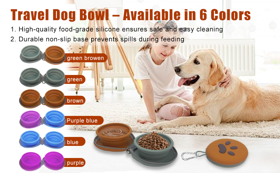 collapsible travel dog bowl non-slip silicone 2-in-1 leakproof food grade camping car dishwasher