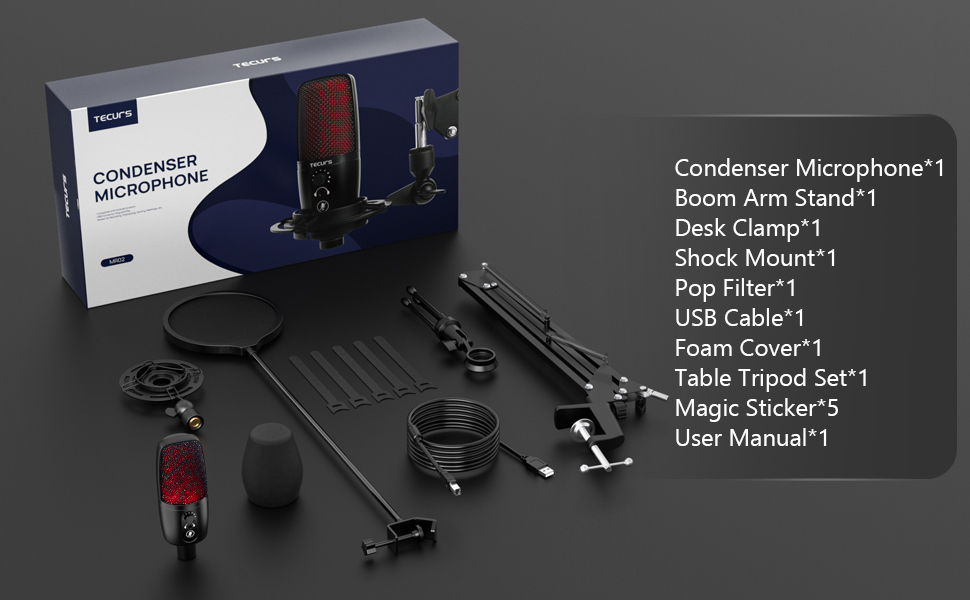 TECURS Gaming USB Microphone Kit, PC Microphone with Boom Arm