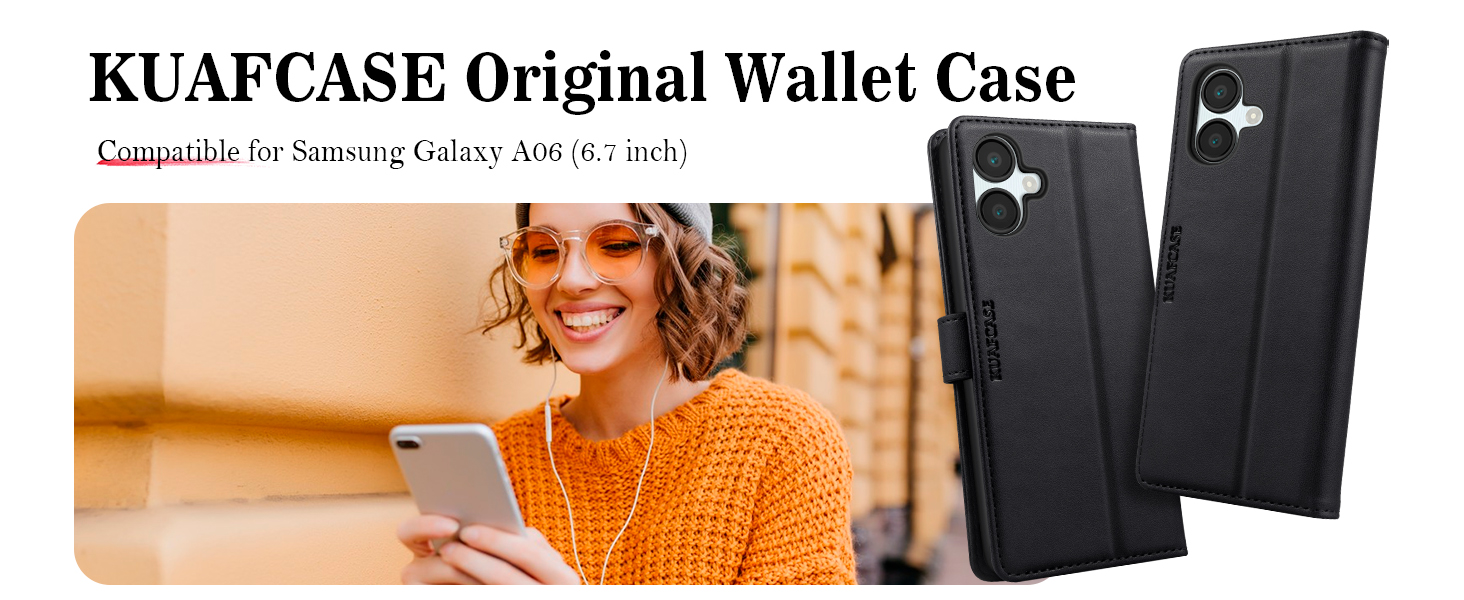 Text reads 'KUAFCASE Original Wallet Case'. Product shows black wallet-style phone cases displayed alongside person in orange sweater using phone.
