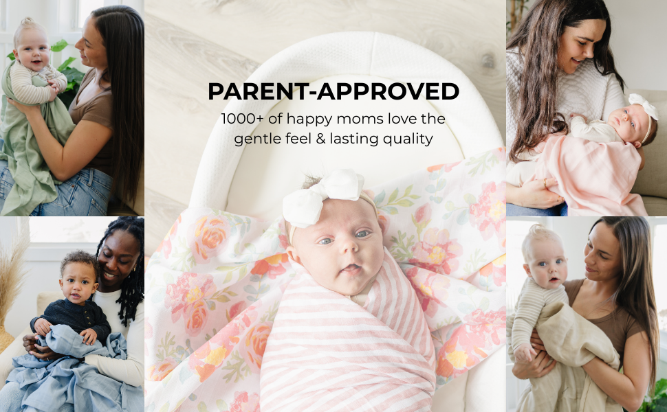 Parent-approved collage of babies and parents wrapped in Featherhead swaddles