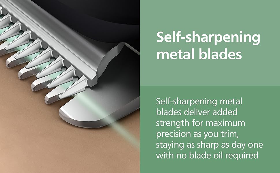Illustration of self-sharpening metal blades for precise trimming.