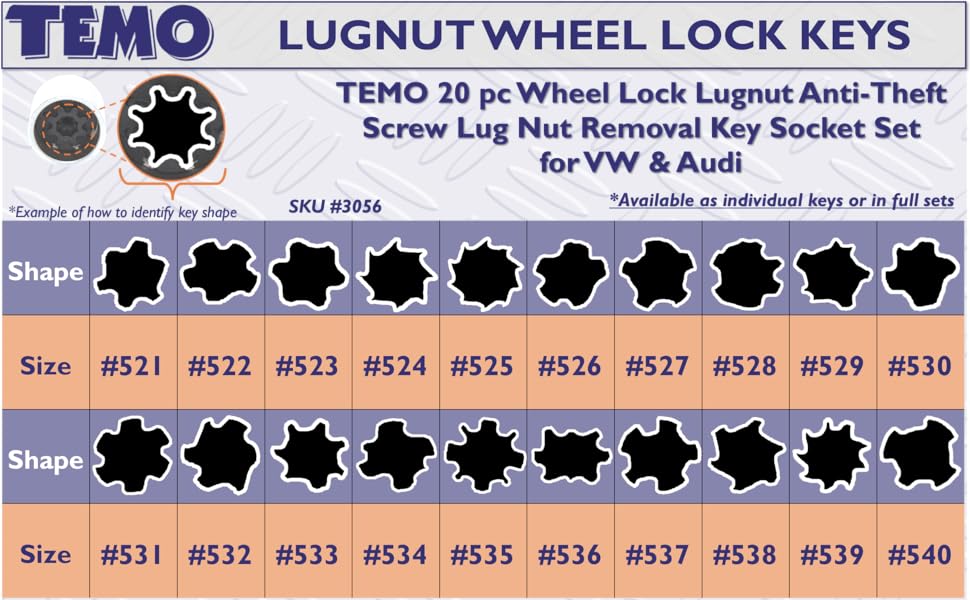 TEMO 523 Wheel Lock Nut Screw Removal Key AntiTheft Lugnut Socket