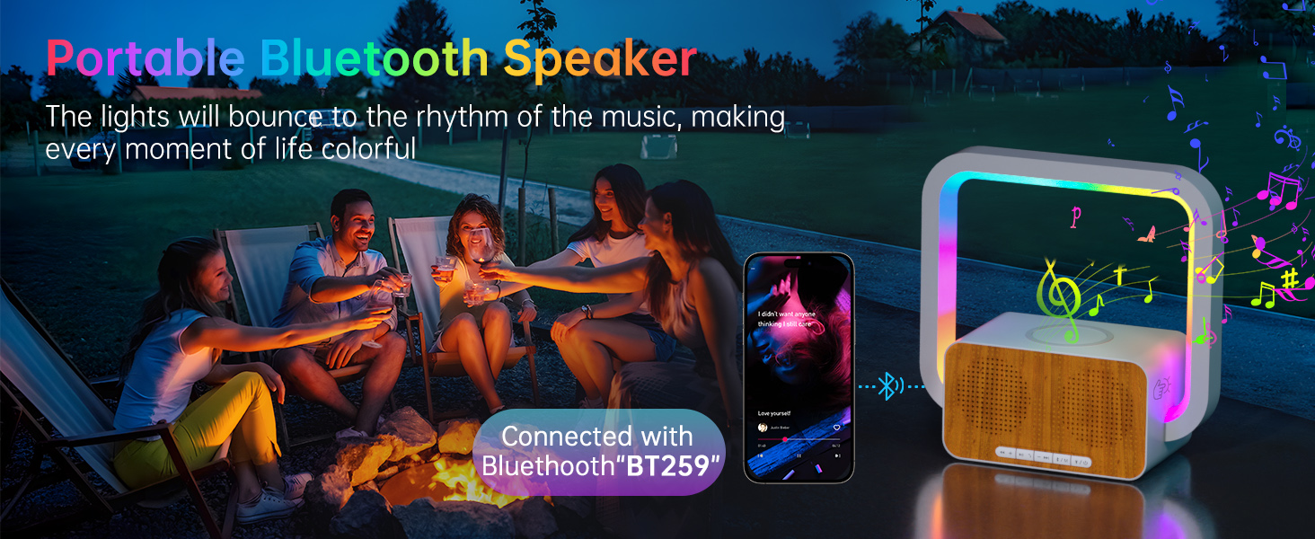 con detalles en madera y luces LED coloridas, con luces que cambian de color. La configuración grupal muestra el uso nocturno al aire libre