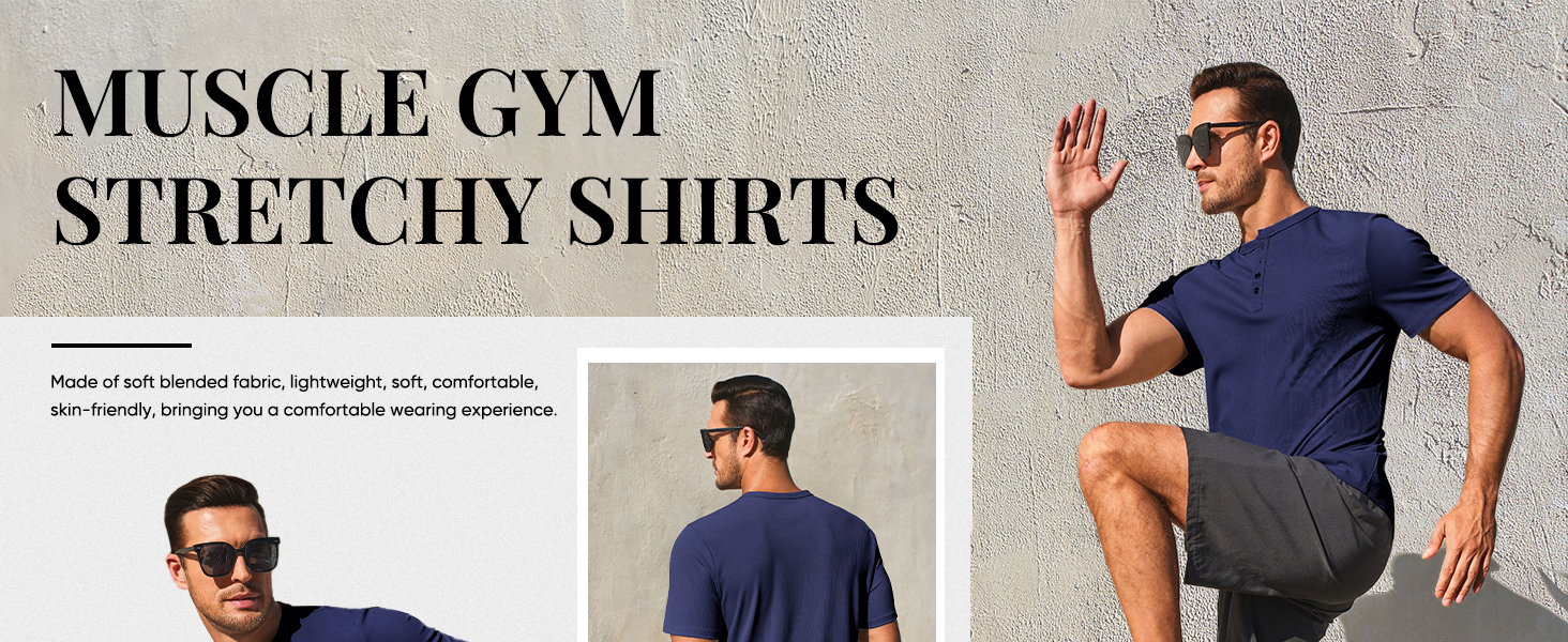 Mens Henley Shirts Short Sleeve Casual Ribbed Knitted Summer T-Shirt Slim Fit Workout Muscle Tops