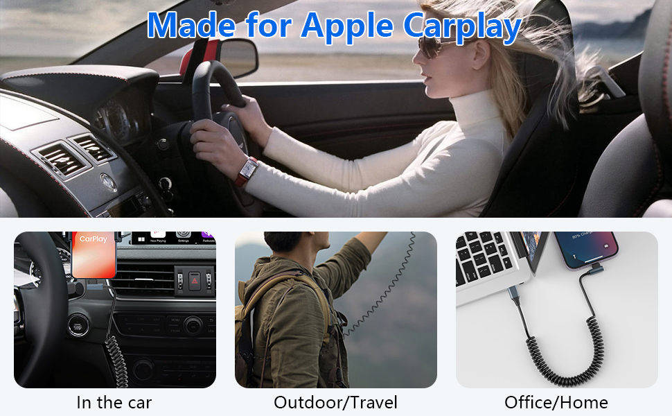 Coiled Lightning Cable for Apple Carplay, 90 Degree iPhone Data Cable